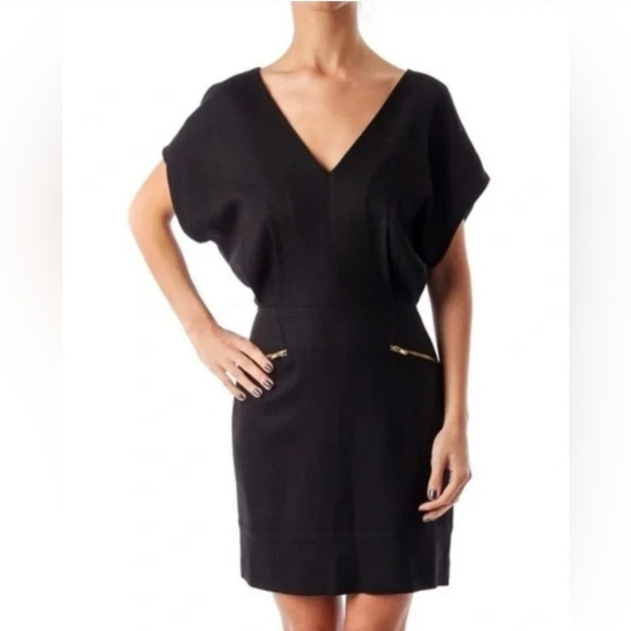 FRENCH CONNECTION Black V Neck Mini  Gold Zipper Dress Sz 8 Career Minimalist - Picture 1 of 10